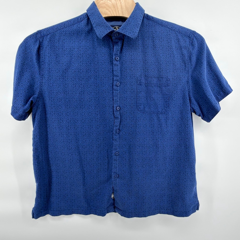 Nat Nast Button Front Shirt Mens XL Blue Geometric Silk Cotton Short Sleeve